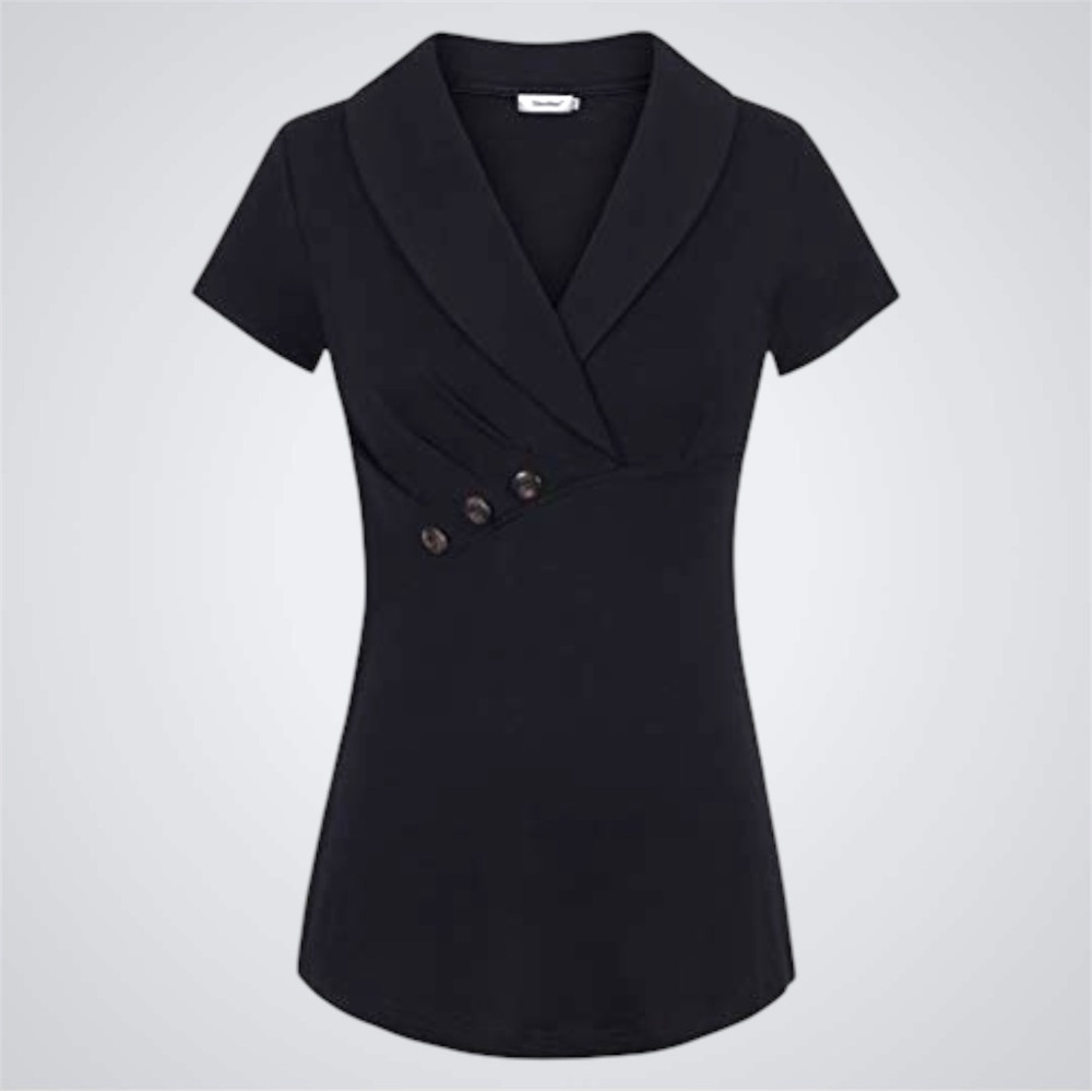 Black Short Sleeve V-neck Office Shirt